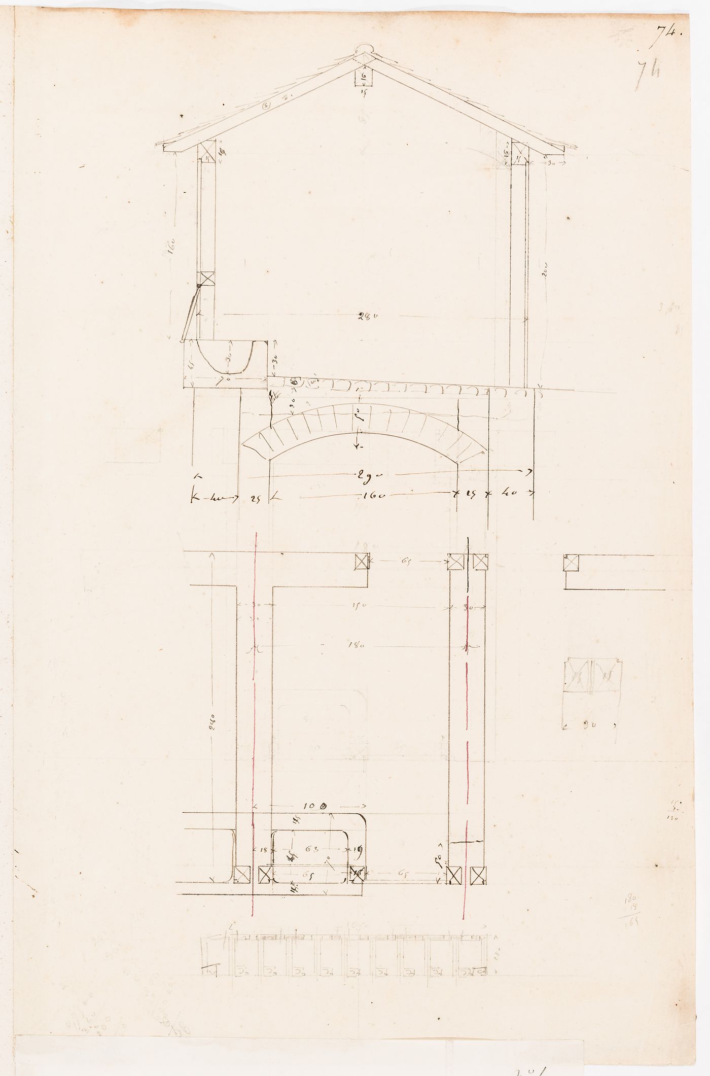 Project for a horse slaughterhouse, La Villette: Section and details for a "porcherie", probably connected to the horse slaughterhouse