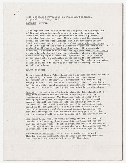 Memorandum from Peter Wolf to the Fellows about suggested revisions to proposal to form a policy committee