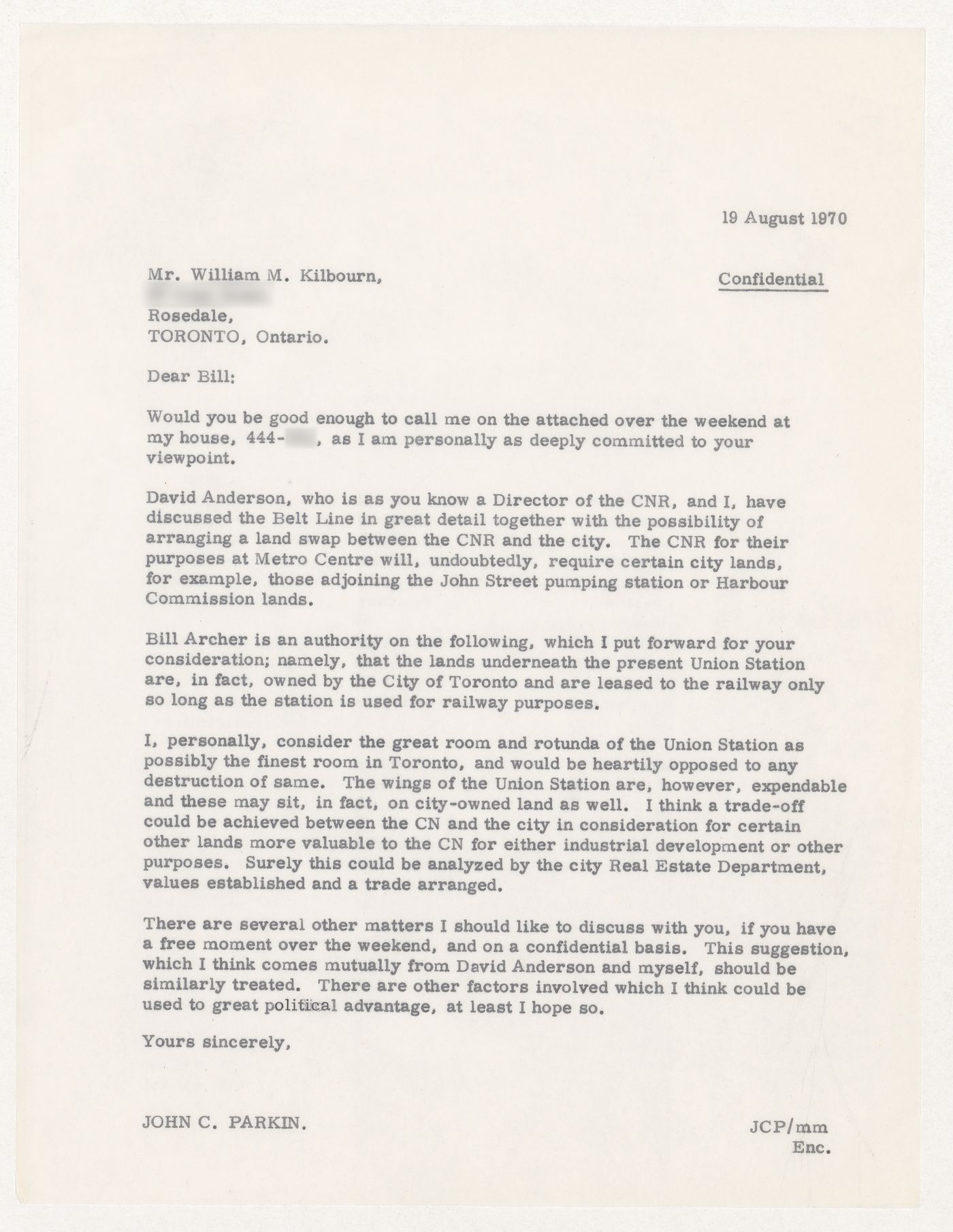 Letter from Parkin to William M. Kilbourn on Toronto Union Station development