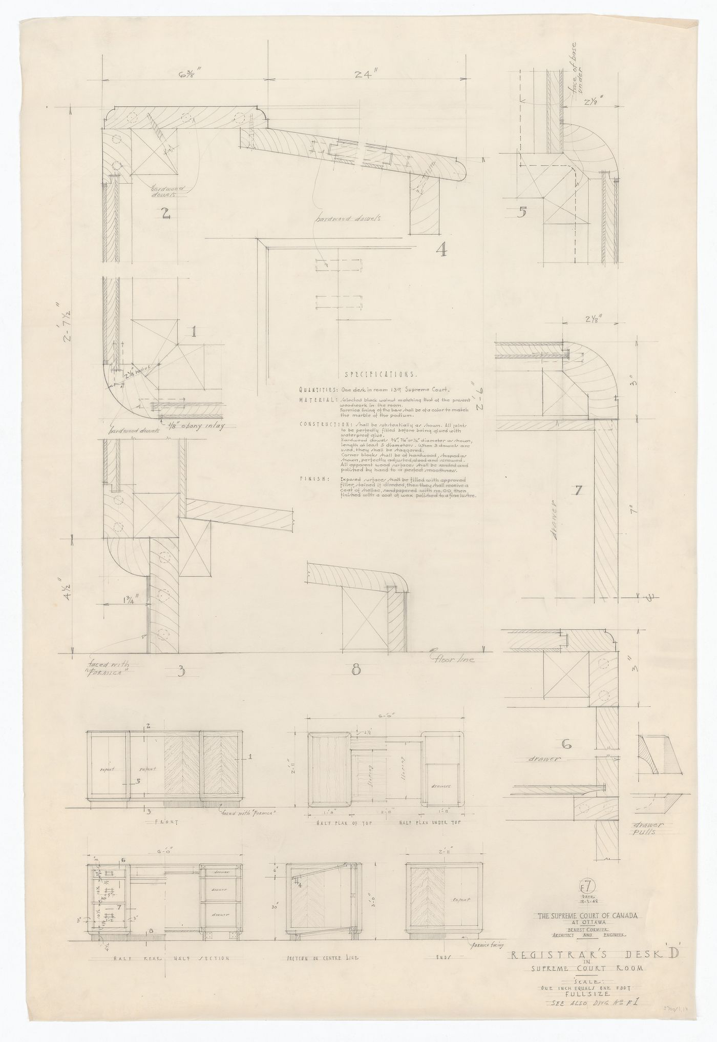 Plan, élévations, coupes et détails du bureau de registraire "D" pour Cour suprême du Canada, Ottawa, Ontario