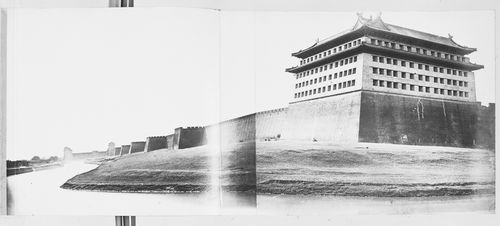 Panorama of the northeast corner watchtower, walls, and Dongzhi Gate of the Inner City, Peking (now Beijing), China