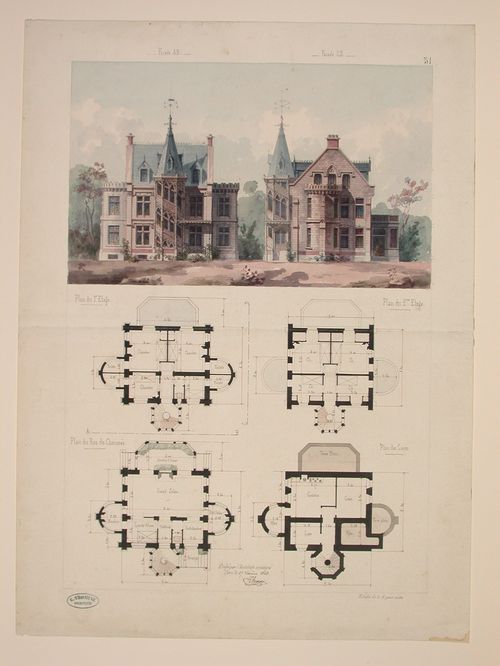 Rendered elevations and plans for a Gothic Revival mansion