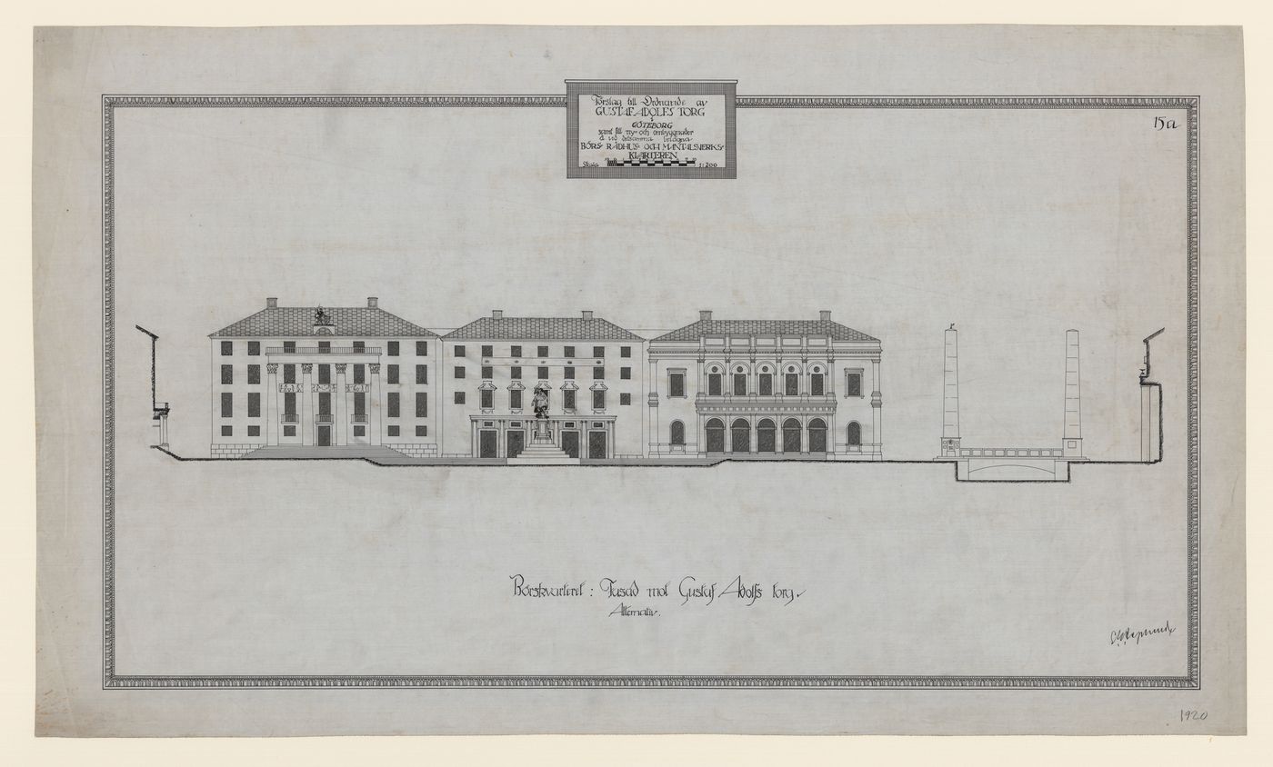 Elevation for an alternate south façade for the 1918-1925 design for the Börskvarteret [Stock Exchange Block], Gustav Adolfs torg [square], Göteborg, Sweden