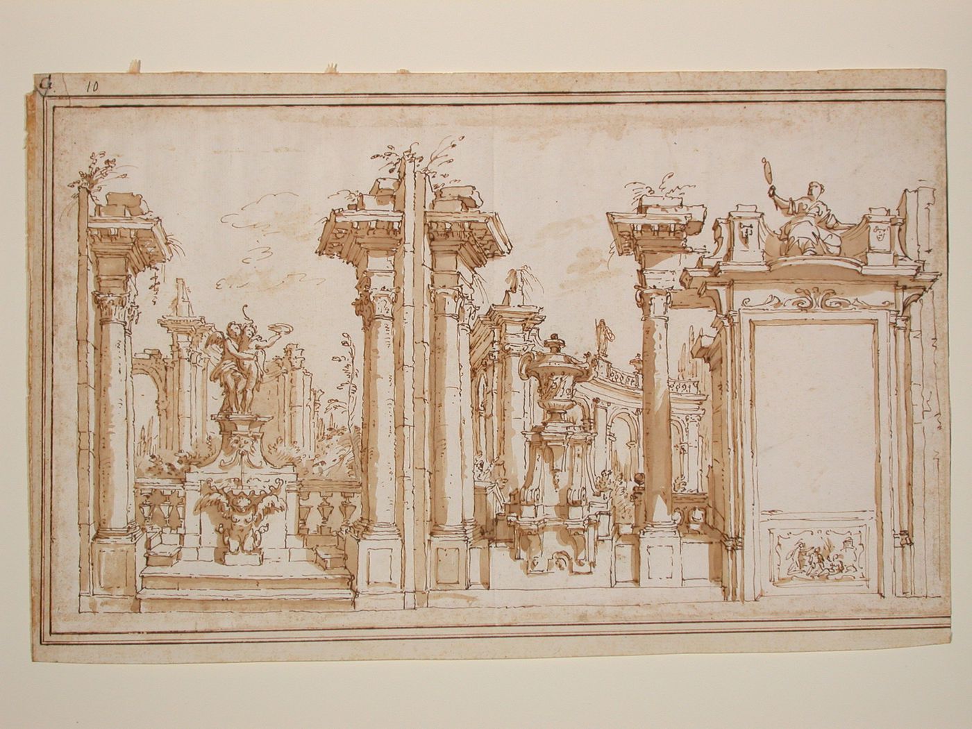 Sketch for a wall mural showing a garden filled with ruins and statuary