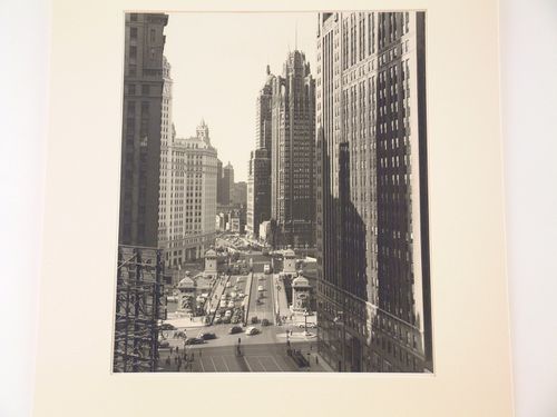 View of downtown city buildings and bridge over river from above, Chicago Illinois
