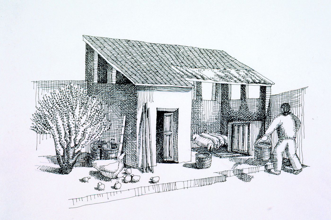 Illustration of farming activities used for "Village Upgrading" training package based on research paper "Housing a Billion: Volume 2: Village Upgrading: Jianlu, China"