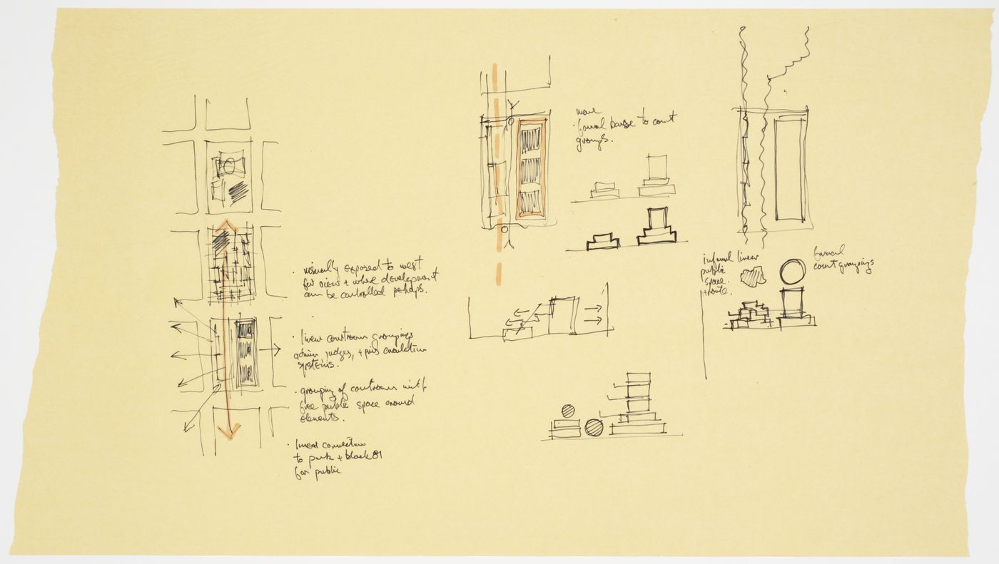 Sketches, schematic plans and elevations, Robson Square, Three Block Project, Vancouver, British Columbia