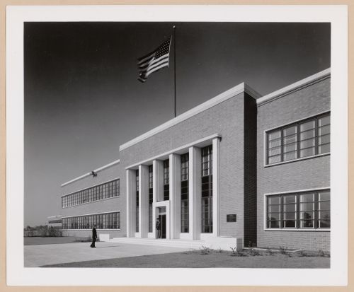 View of the main entrance to the Administration Building, Ford Motor Company Willow Run Bomber Assembly Plant, Willow Run, Michigan
