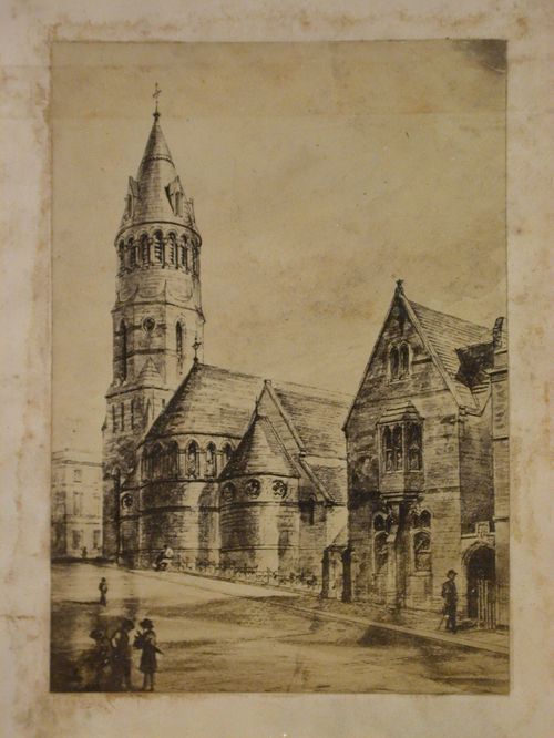 Photograph of a rendering of the rear of a church showing the church tower and the apse, England