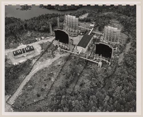 Aerial view of BC Tel troposcatter telecommunication system, Trutch Island, British Columbia, Canada