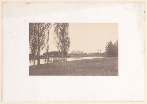 View of "l'Étang des Sirènes, et le revers 1 des tribunes des Longchamp", taken from "la rades au bord des l'eau", Bois de Boulogne, Paris, France