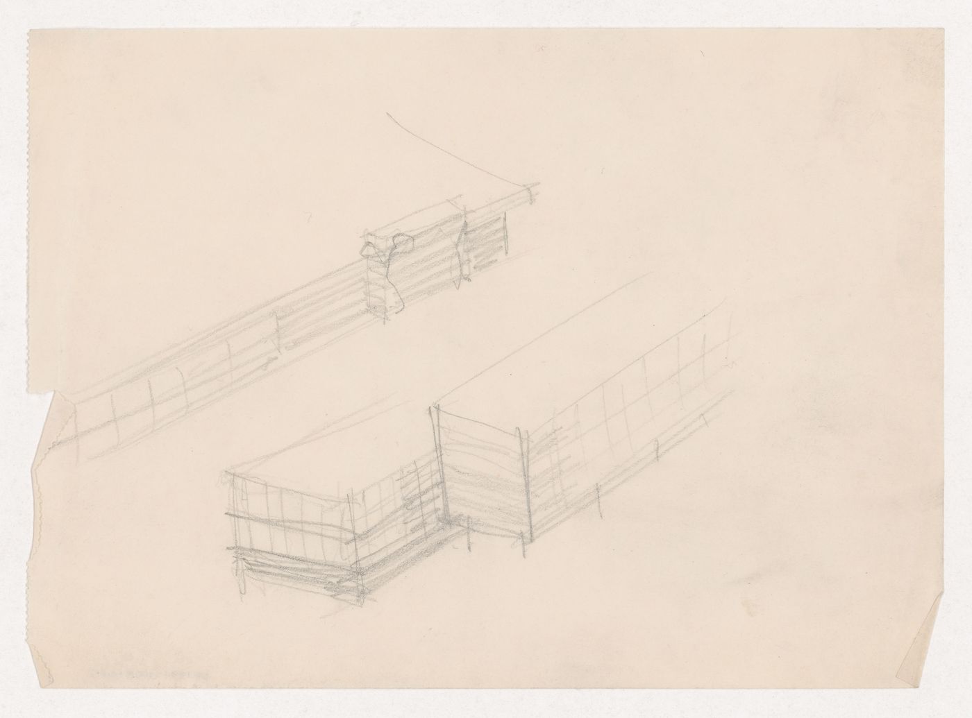 Axonometric sketch for a campus building for Illinois Institute of Technology, and bird's-eye perspective sketch for a Court House façade