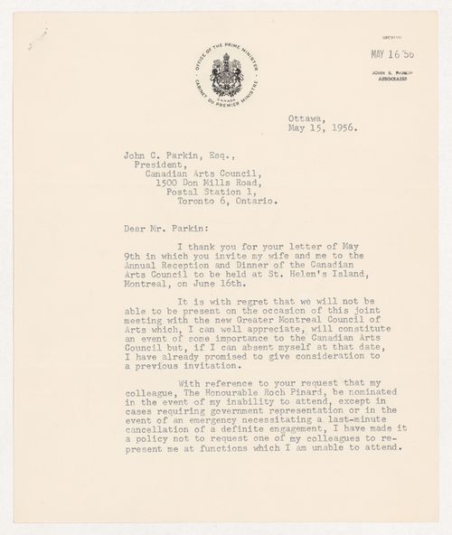Letter from Prime Minister Louis St. Laurent to Parkin declining invitation to Canadian Arts Council dinner
