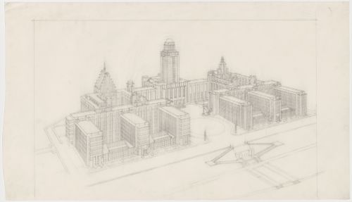 Perspective aérienne, Pavillon principal et campus, Université de Montréal, Montréal, Canada (1924-1947)