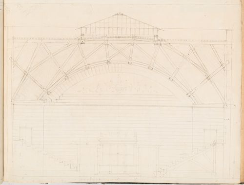 Project for the redevelopment of the École de médecine and surrounding area, Paris: Section through the second ampitheatre for the École de médecine showing the roof structure