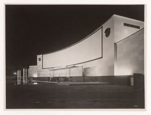 Exterior view at night of the Electricity and Light pavillion, Exposition internationale des arts et techniques dans la vie moderne, Paris, France