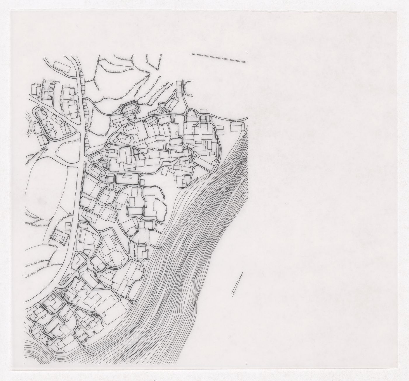 Plan of the town showing the water supply network for the Sichuan housing project for "Housing a Billion: Village Upgrading: Jianlu, China" publication