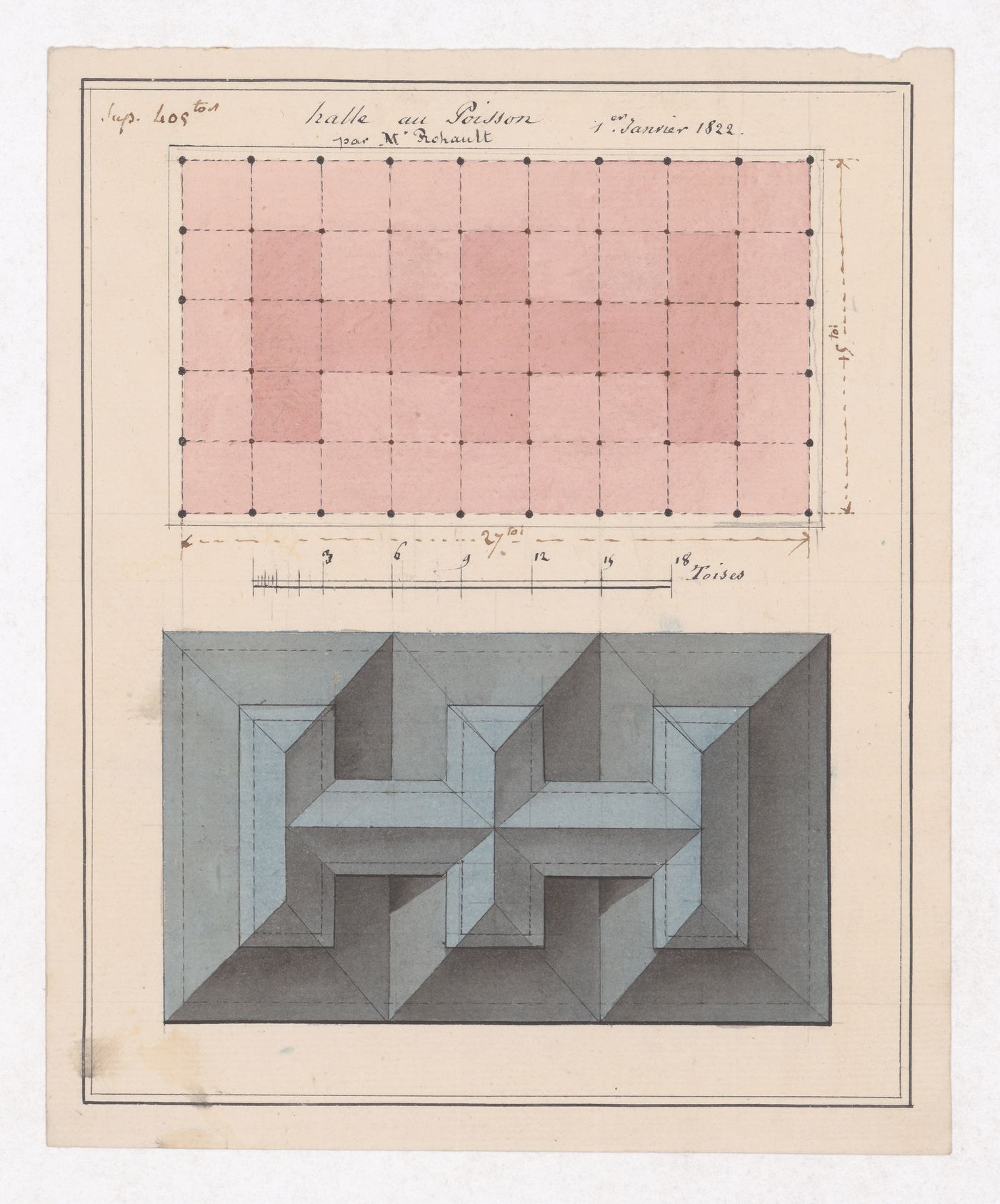 Floor and roof plans for Halle au Poisson, Marché des Carmes, Paris