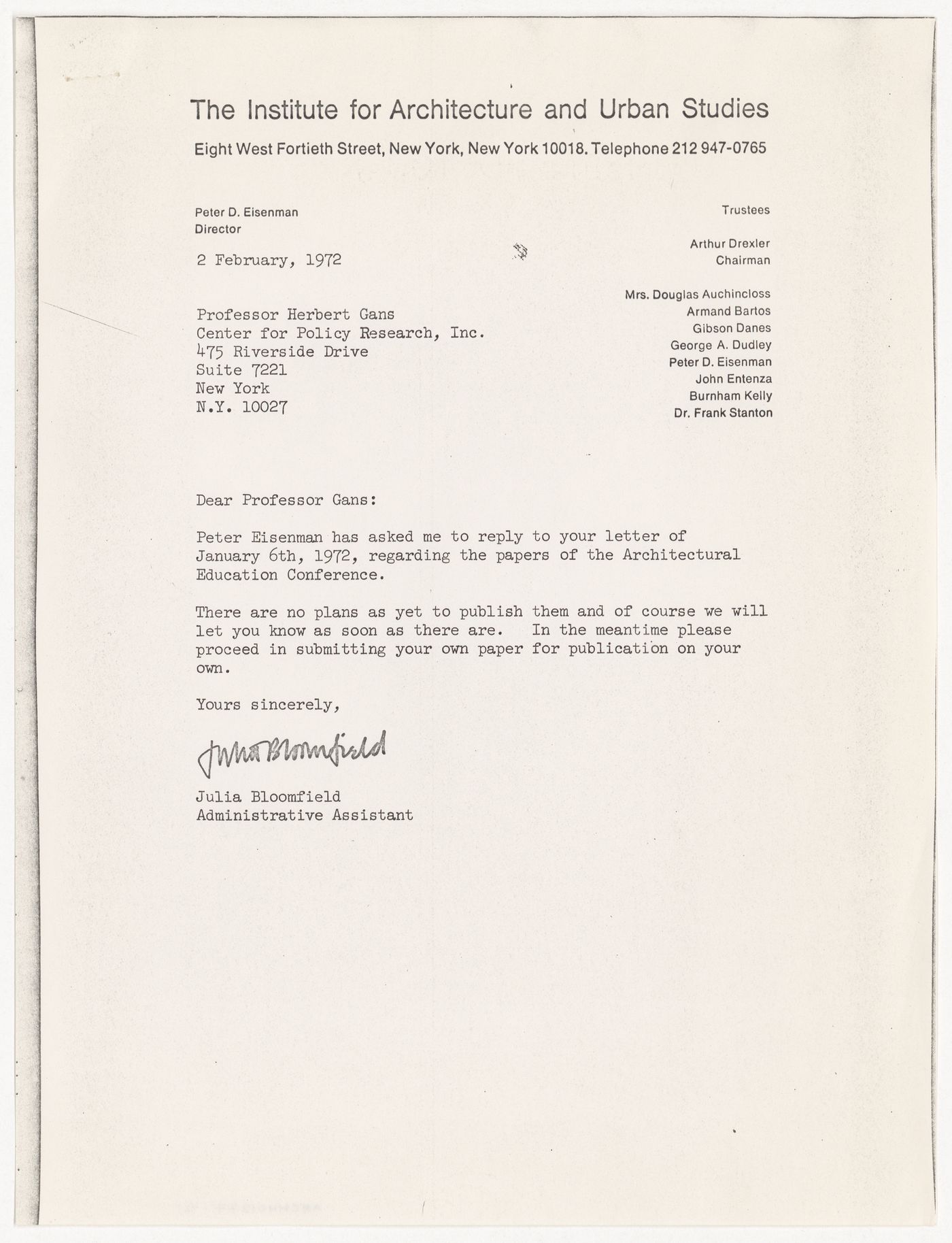 Letter from Julia Bloomfield to Herbert Gans about publication of papers from Architectural Education U.S.A. conference with attached letter from Herbert Gans to Peter D. Eisenman dated January 6th, 1972