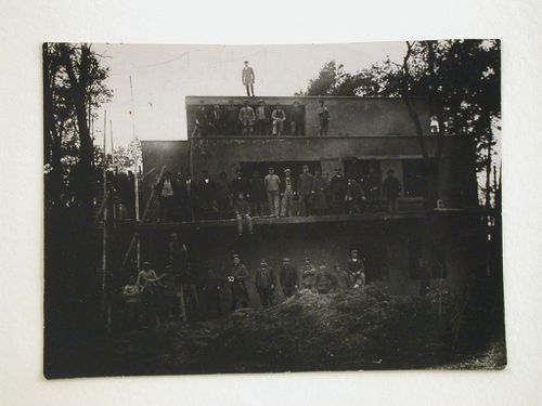 Exterior view of a double house under construction, Bauhaus Masters' Housing, Dessau, Germany