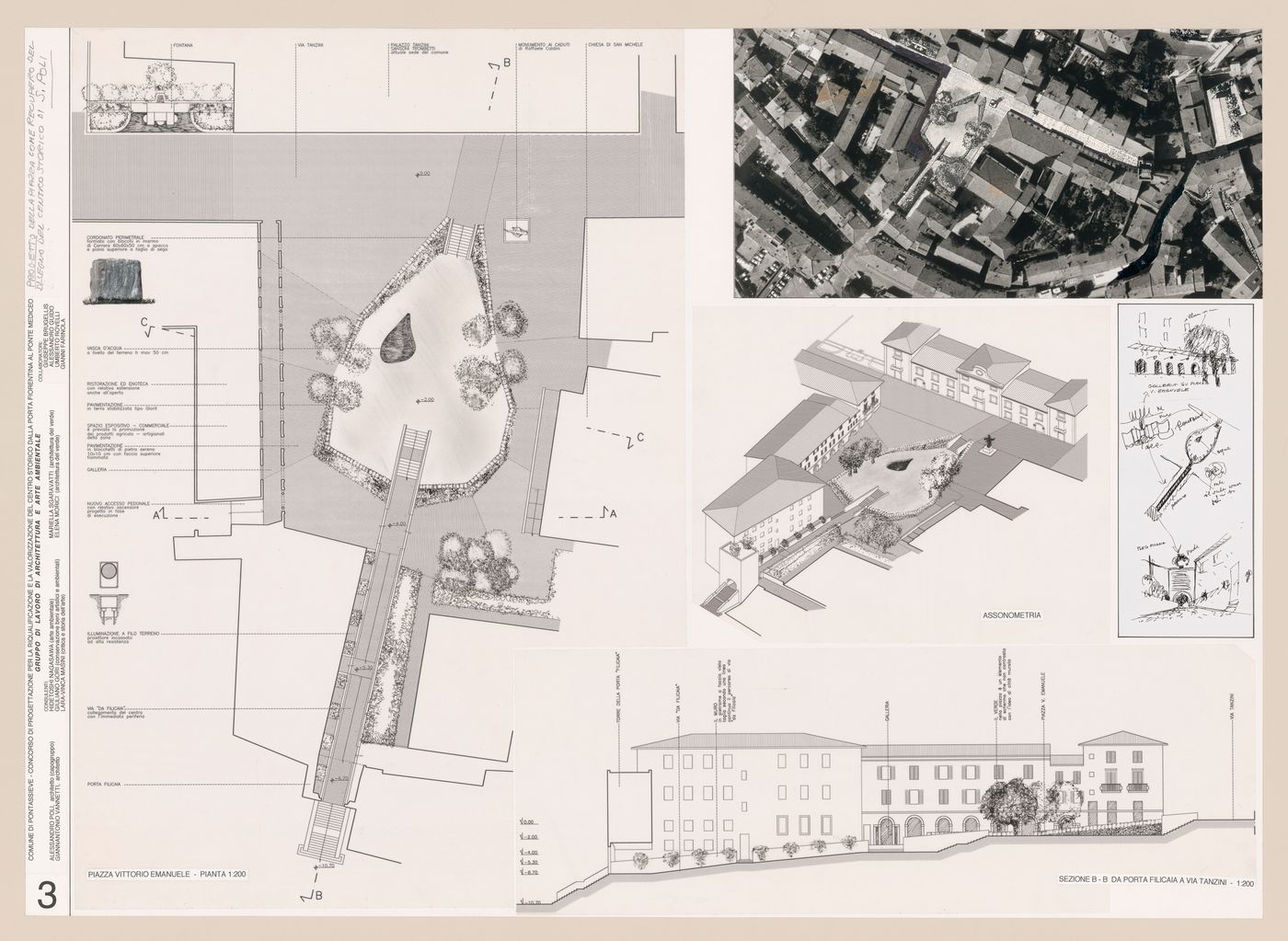 Drawings and photograph for Riqualificazione centro Storico di Pontassieve [Redevelopment of the historical center of Pontassieve], Florence, Italy