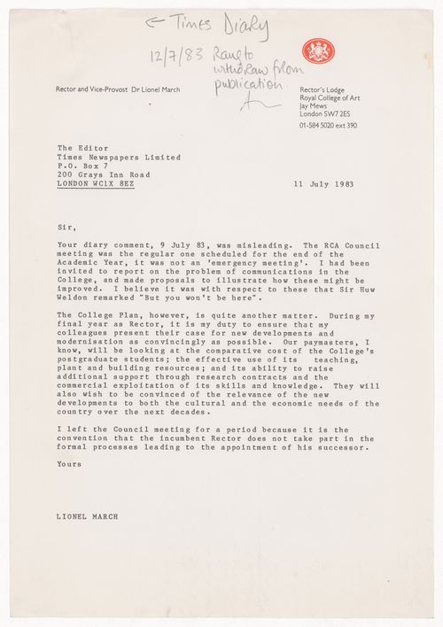 Clippings of articles from "The Times" and "The Fundry Times" about Lionel March's departure as rector of the Royal College of Art in London and a response letter from Lionel March to the Times