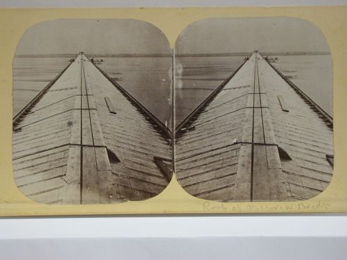 Stereoview of Victoria Bridge under construction, Montréal, Québec