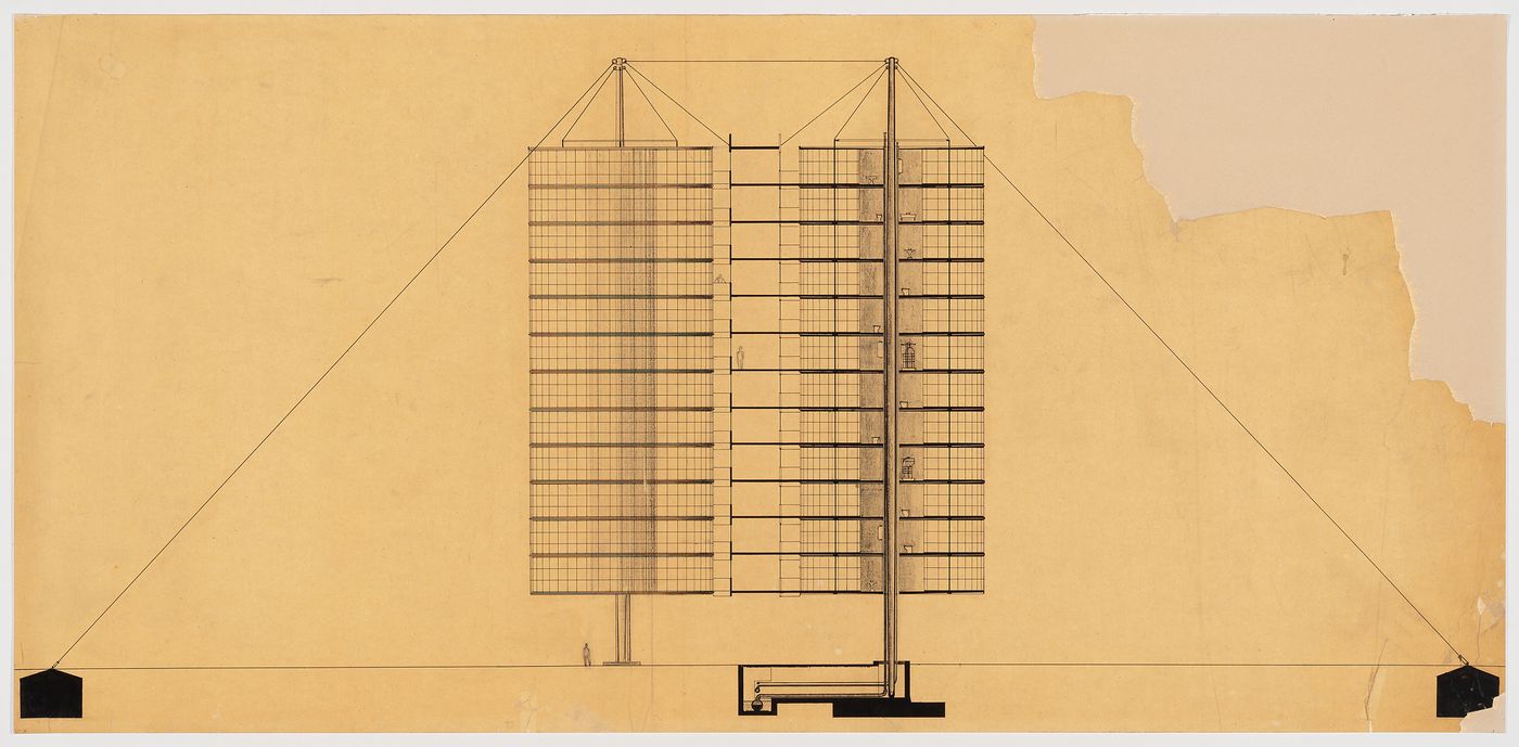 Project for suspension housing units: Elevation and section