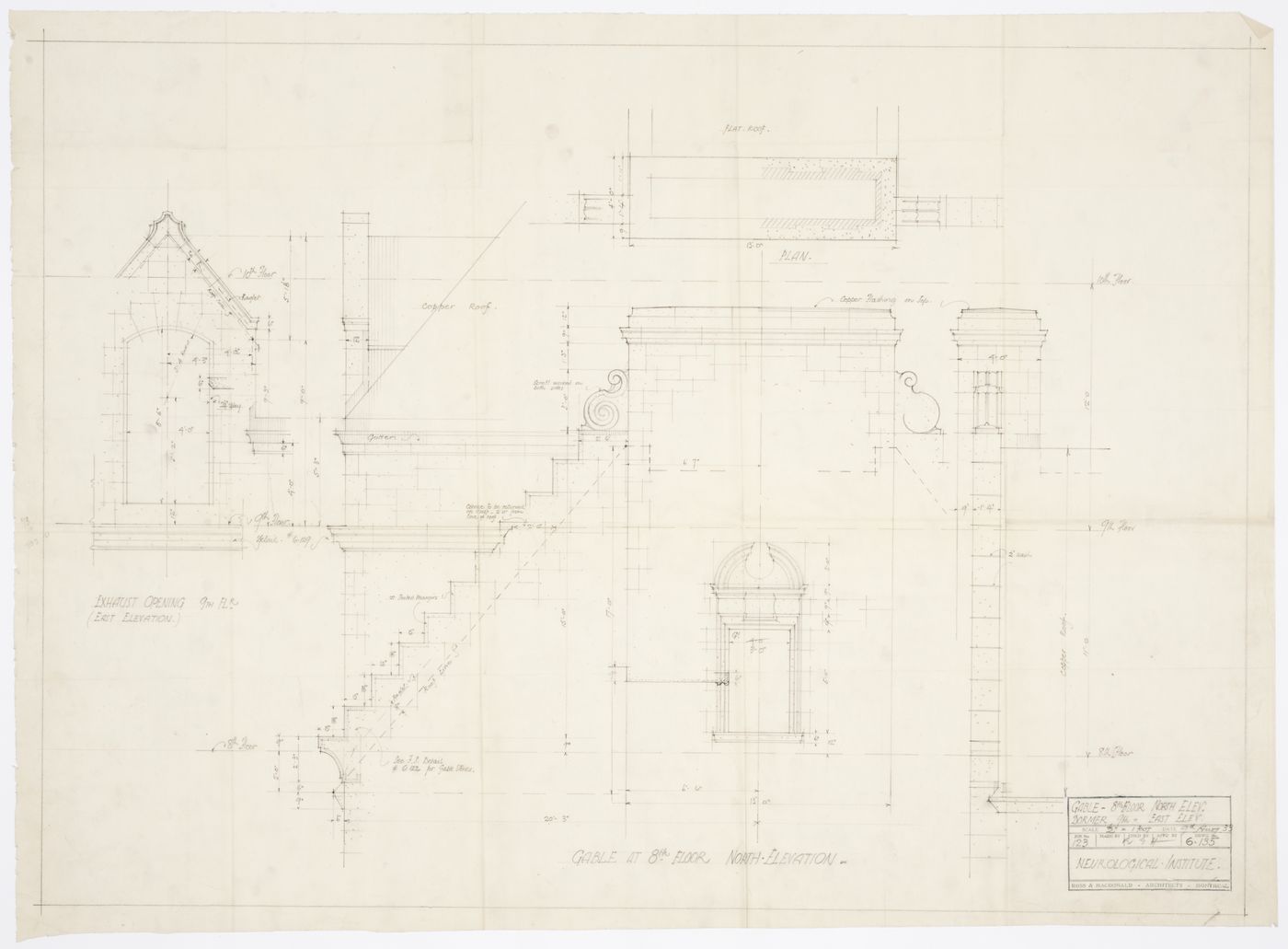 Montréal Neurological Institute, Montréal, Québec: detail drawing for eighth floor gable on north elevation and ninth floor dormer on east elevation