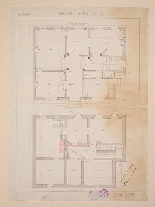 Student engineering drawing: Plans for the heating and ventilation systems of a house