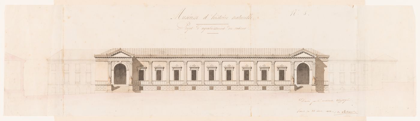 Project for a Galerie de zoologie with a single row of galleries and a central courtyard, 1838: Principal elevation