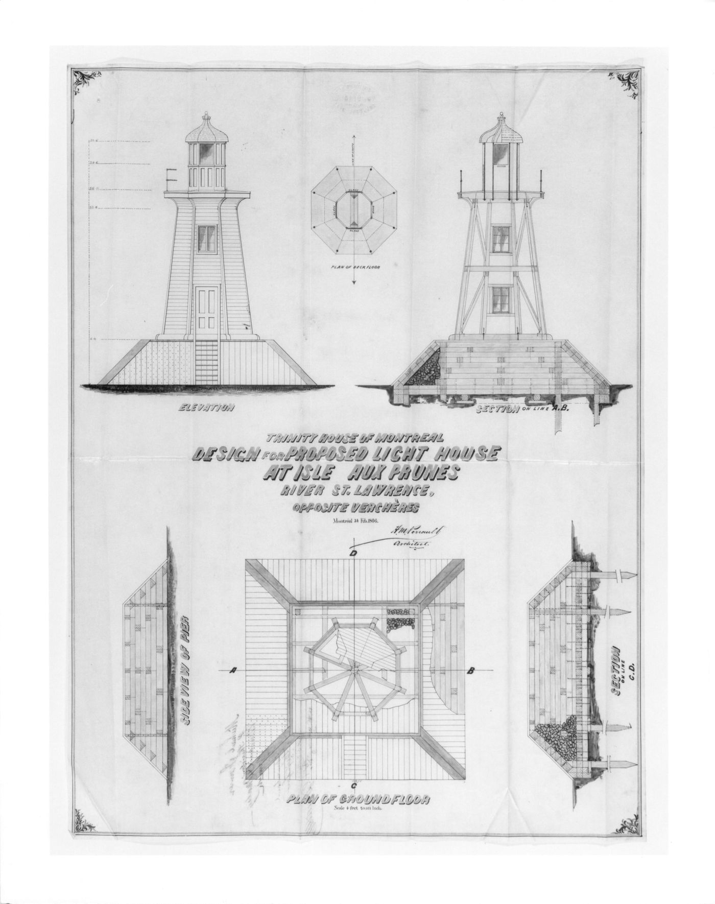 Elevation, plans, and sections for a lighthouse, Isle aux Prunes, St. Lawrence River, Verchères, Québec, Canada