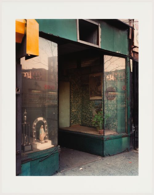 View of social club storefront windows, New York City, New York