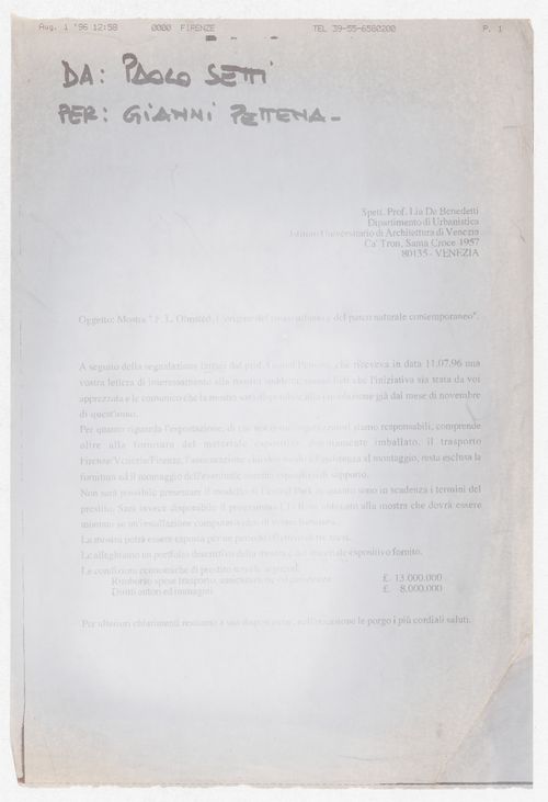 Correspondence with Professor Ila de Benedetti for the exhibition Olmsted: L'origine del parco urbano e del parco naturale contemporaneo