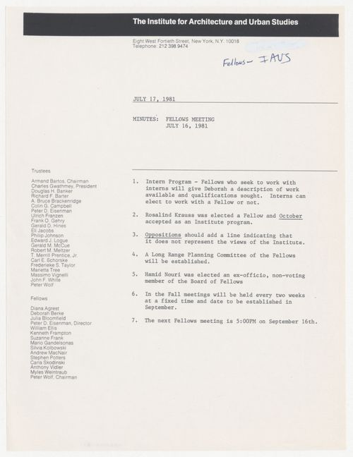 Minutes of meeting of the Fellows on July 16th, 1981