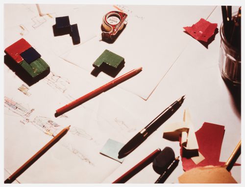 Pavillon Ahrenberg, Stockholm: view of a drafting table with a drawing of the project, colour samples and drawing instruments