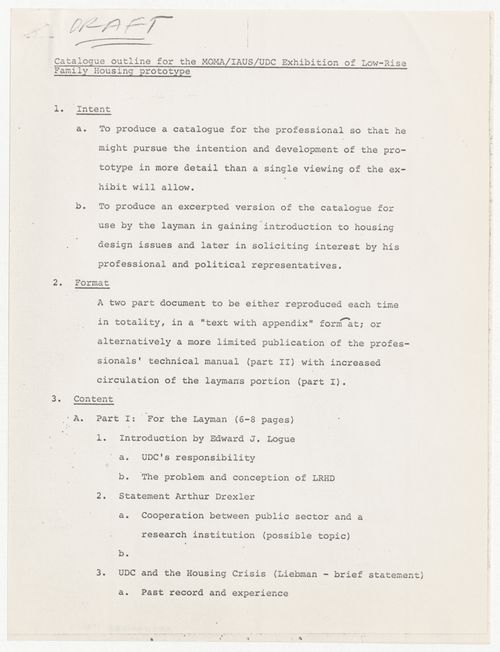 Draft catalog outline for IAUS, Museum of Modern Art (MoMA) and Urban Development Corporation (UDC) exhibition of Low-Rise Family Housing prototype