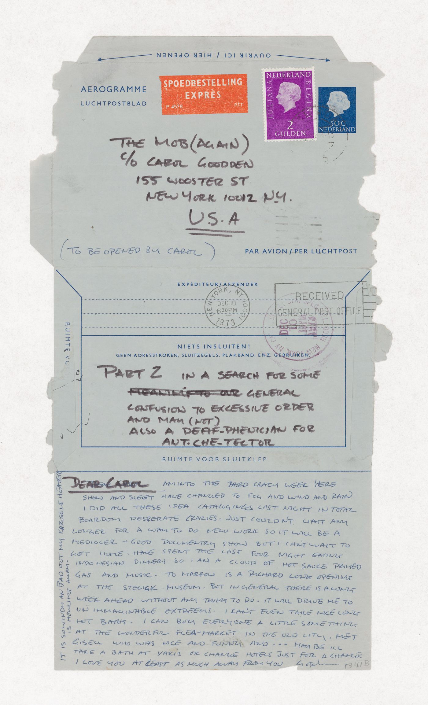 Letter from Gordon Matta-Clark to the Mob