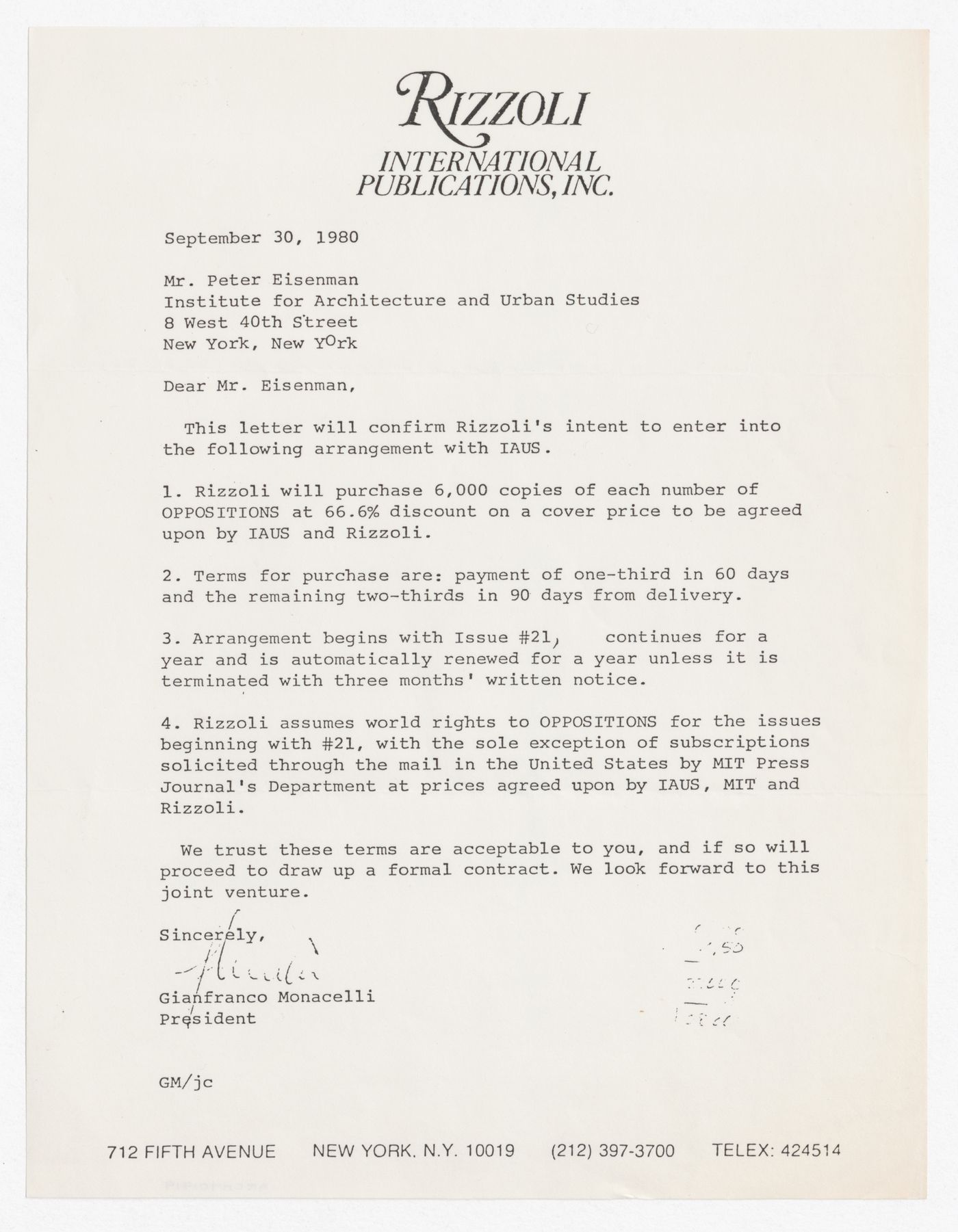Letter from Gianfranco Monacelli to Peter D. Eisenman about distribution of Oppositions Journal by Rizzoli