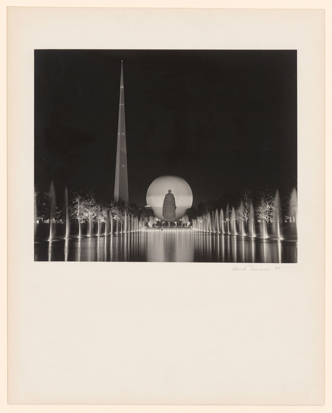 New York World's Fair (1939-1940): Night view, Constitution Mall basin with lit side fountains, Trylon Perisphere Statue of George Washington at far end