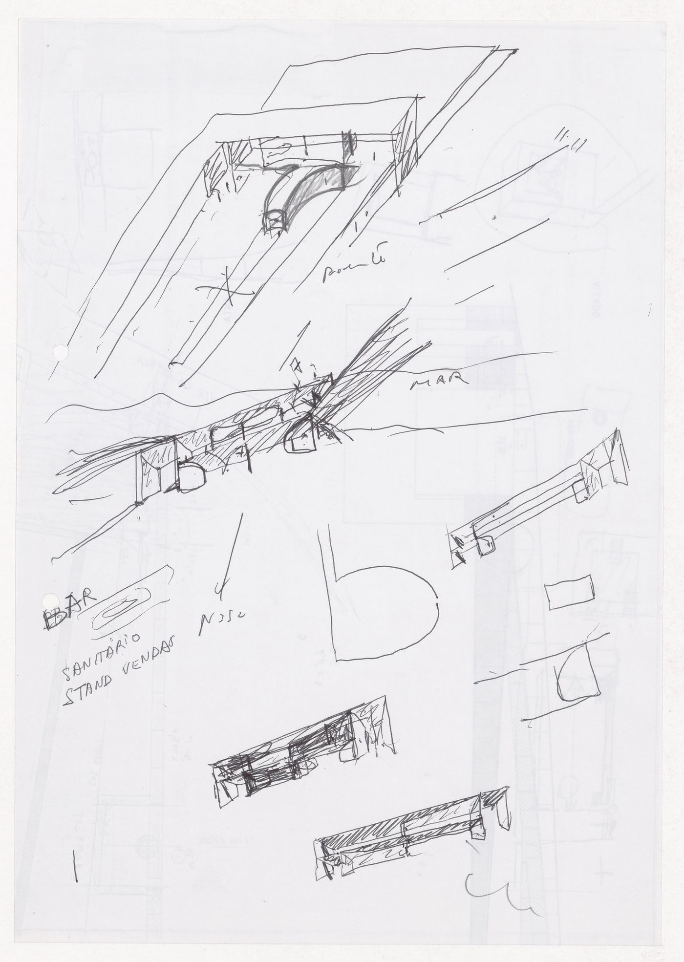 Sketch axonometric views for Cais de embarque para european architects, Salonica, Greece; verso: Sections with sketches for for Cais de embarque para european architects, Salonica, Greece
