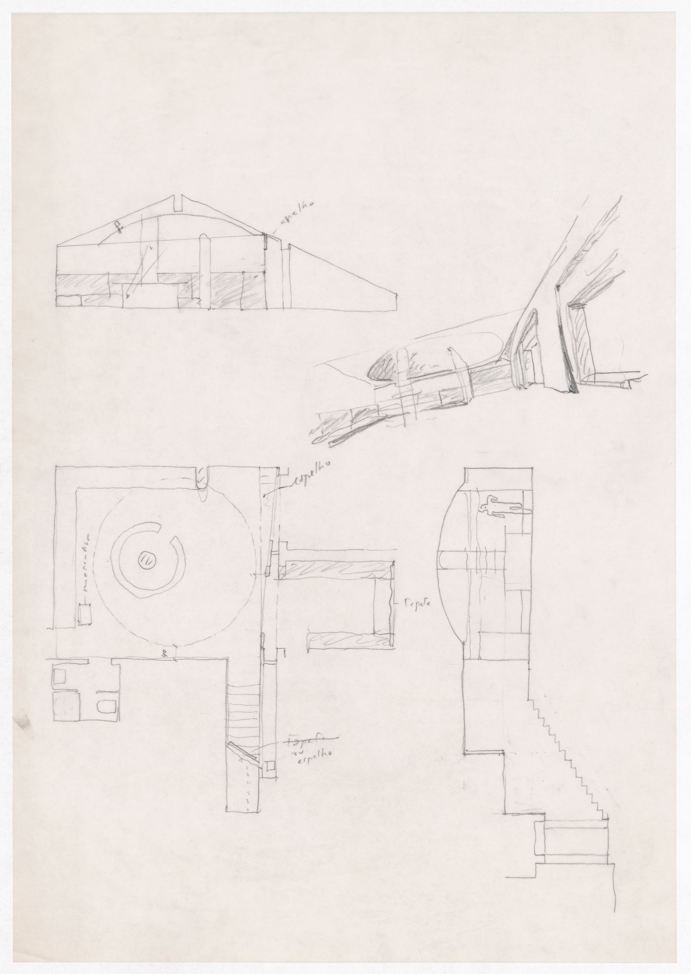 Sketch section, interior perspective, and floor plan for Apartamento J. M. Teixeira, Póvoa de Varzim, Portugal