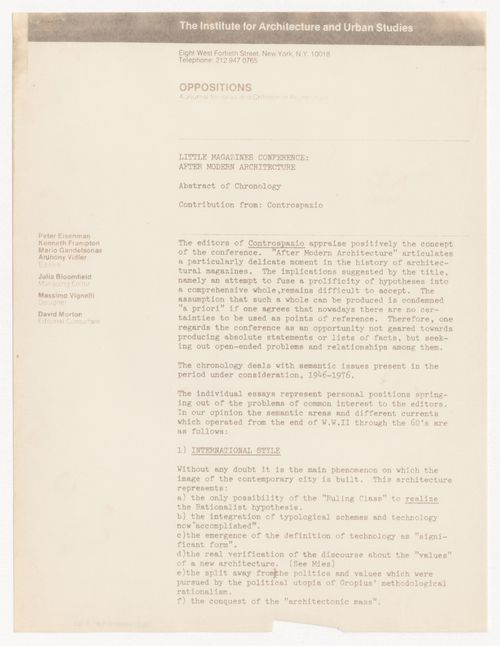 Abstract of chronology for Little Magazines Conference "After Modern Architecture"