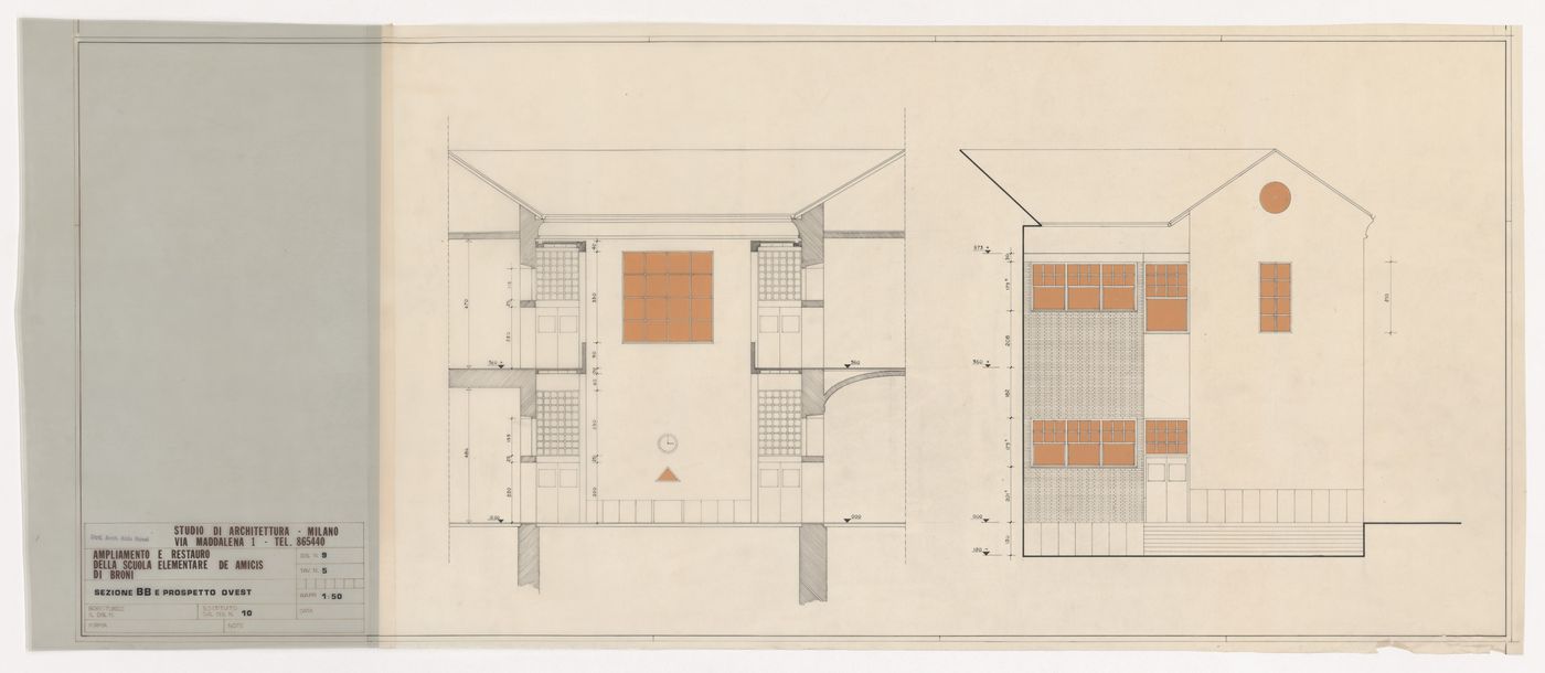 Section and elevation for Ampliamento e restauro della Scuola elementare de Amicis [Addition and restoration for the Scuola elementare de Amicis], Broni, Italy