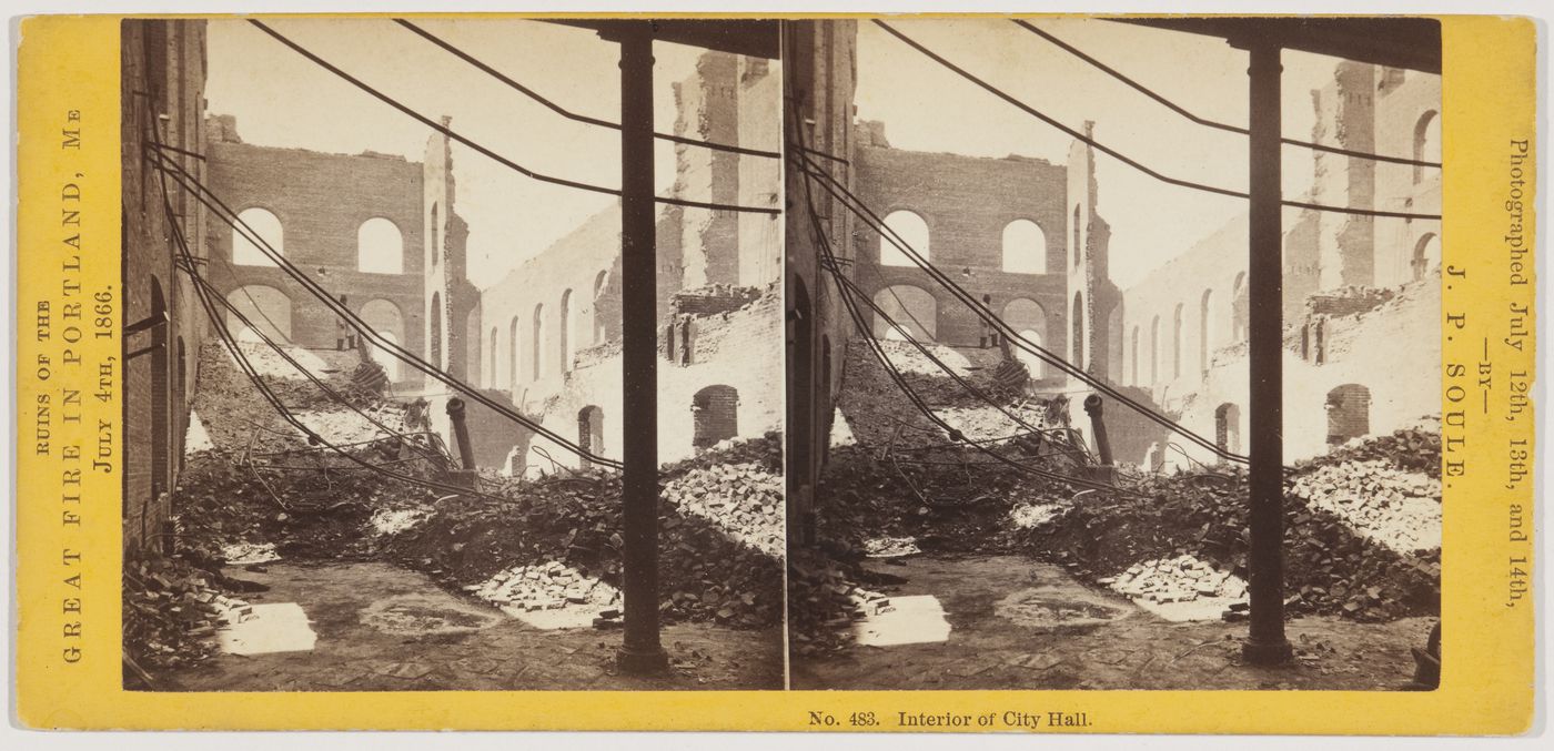 Interior view of City Hall after the Great Fire in Portland, Maine, on July 4, 1866