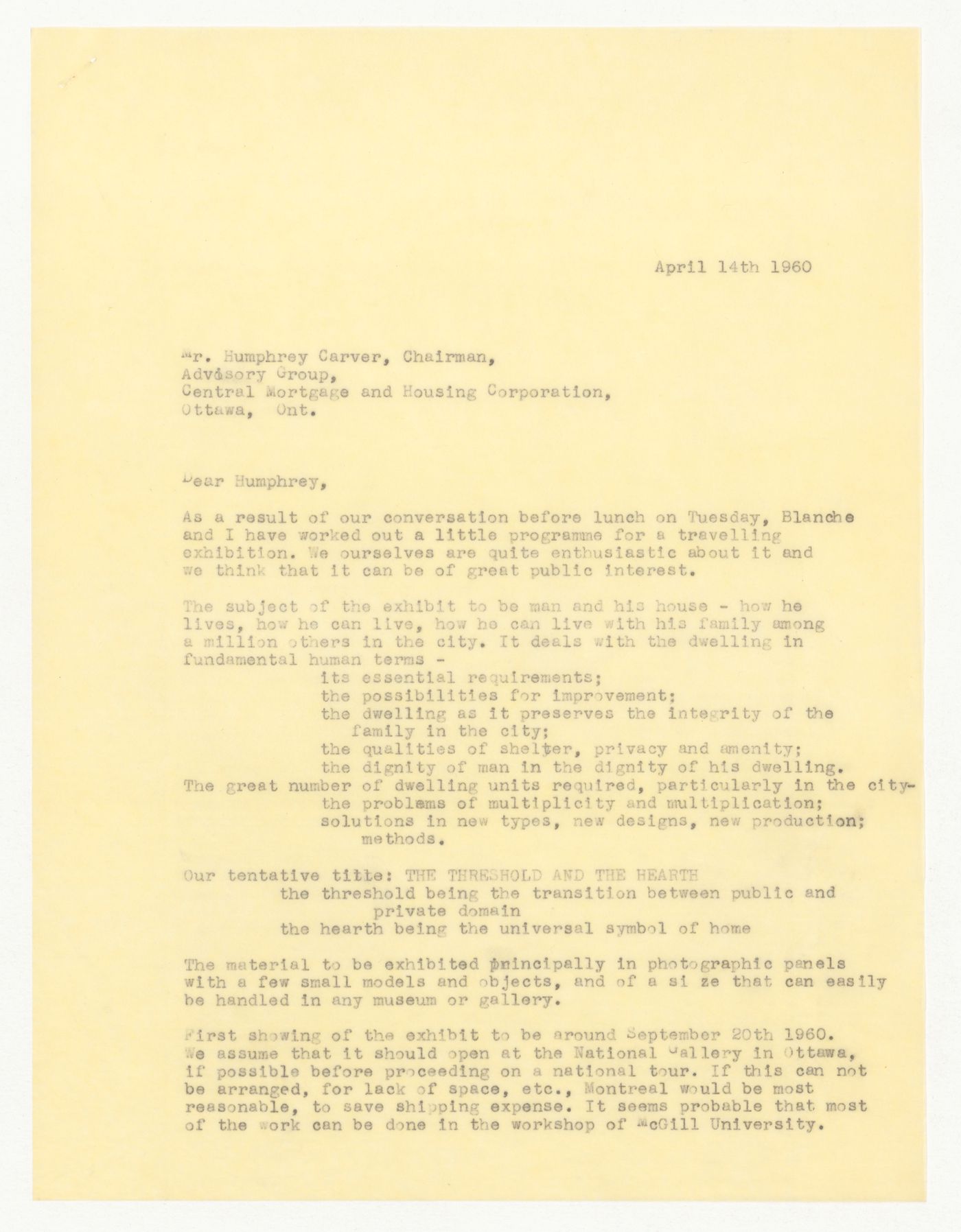 Letter from H. P. Daniel van Ginkel to Humphrey Carver for CMHC Exhibition