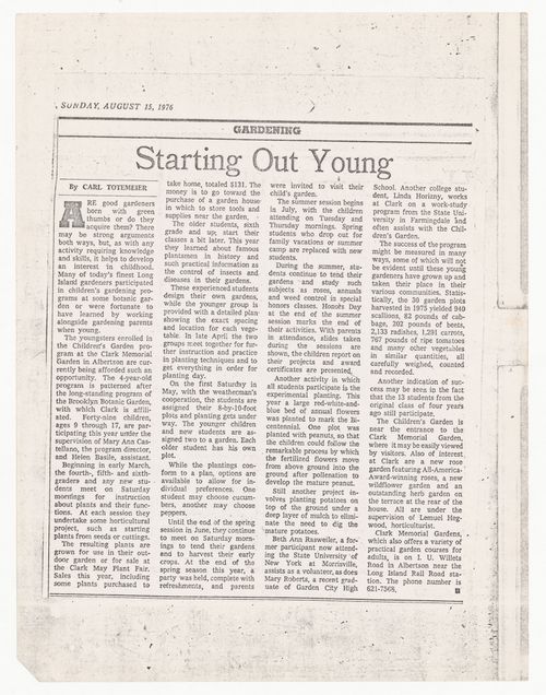 Copy of an article "Starting Out Young" from the Gardening section, The New York Times, by Carl Totemeier