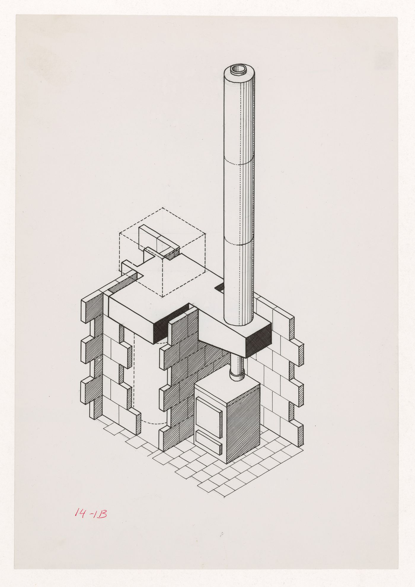 Photograph of a drawing for the kitchen stove and boiler for House near Cowes, Isle of Wight, England