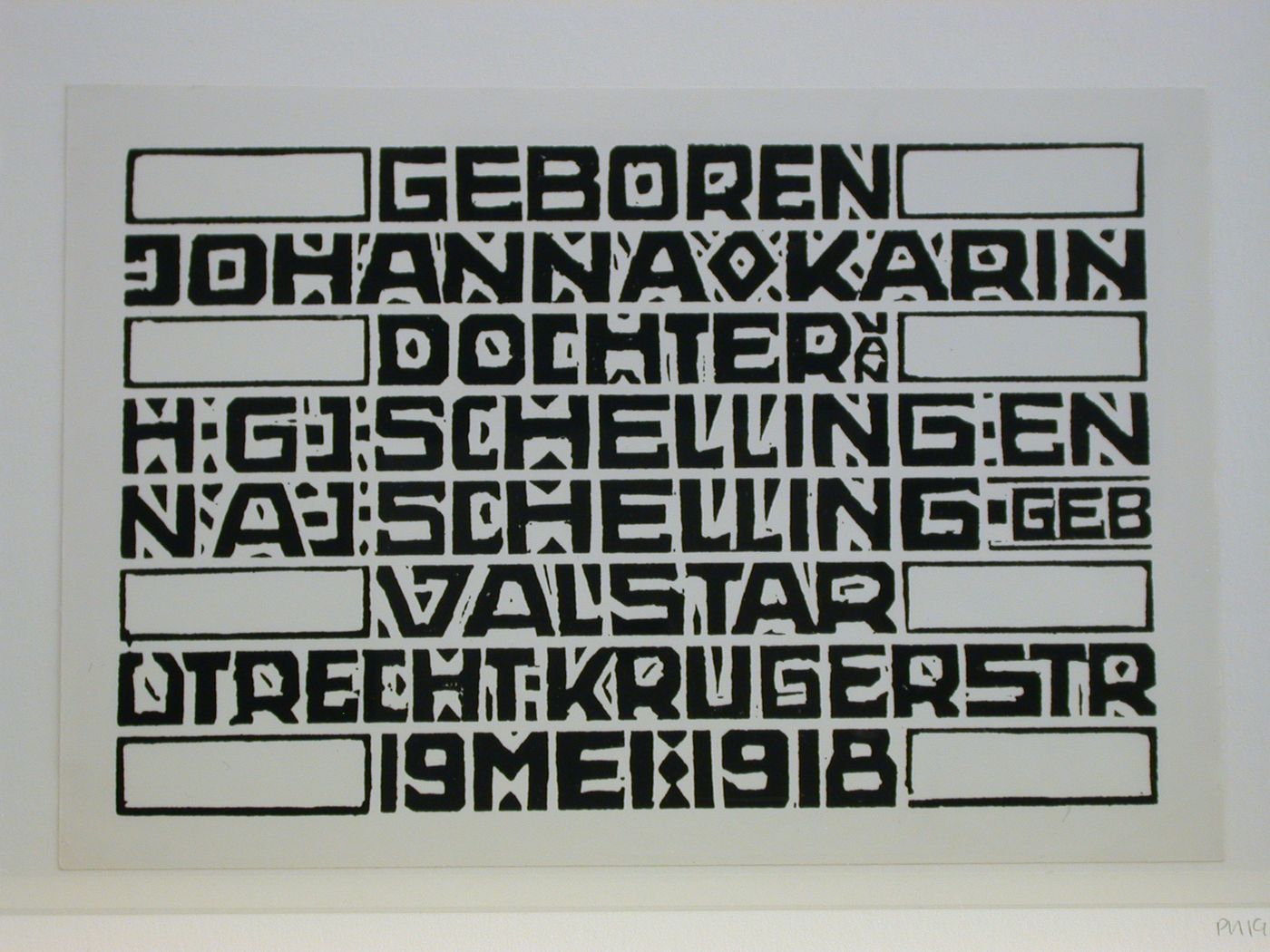 Photograph of a birth announcement card designed by Gerrit Thomas Rietveld for Mr. and Mrs. Schelling
