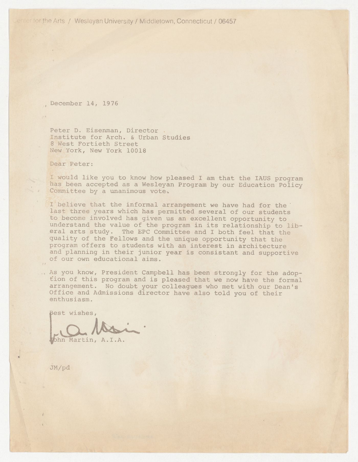 Letter from John Martin to Peter D. Eisenman about collaboration between Wesleyan University and IAUS